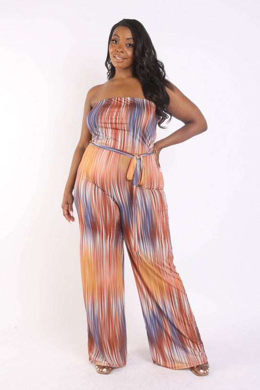 Plus Size Printed Tube Jumpsuit With Belt
