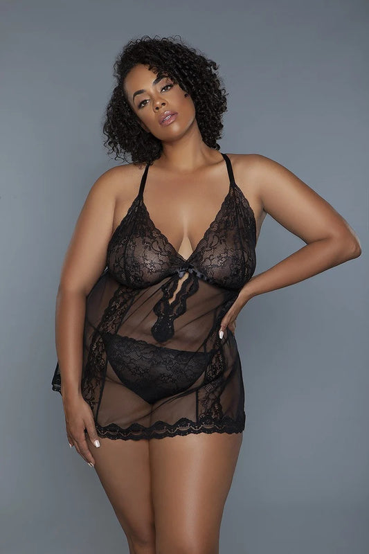 Plus Size 2 Pc Sheer Babydoll Set With Lace Pattern $SALE