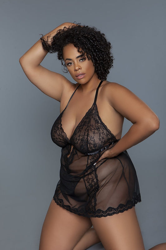 Plus Size 2 Pc Sheer Babydoll Set With Lace Pattern $SALE