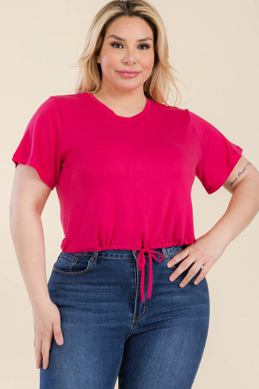 Plus Size Drawstring Short Sleeve Crop Top