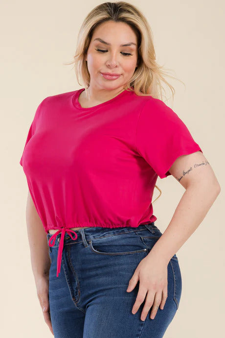 Plus Size Drawstring Short Sleeve Crop Top