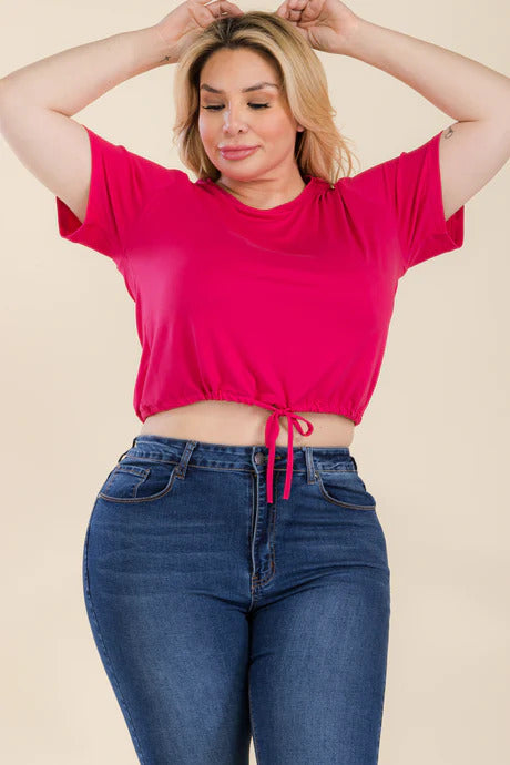 Plus Size Drawstring Short Sleeve Crop Top