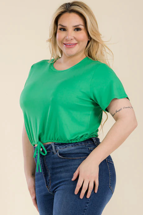 Plus Size Drawstring Short Sleeve Crop Top